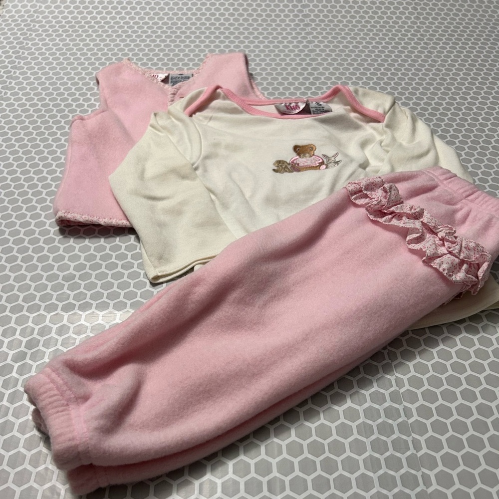 KHQ 3 Piece Pink White Vest,Top & Pants with Ruffles and A Bear Theme

Size 24 M